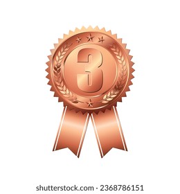 Third prize bronze medal on isolated white background. Award badge with copper color ribbon. Champion symbol of victory in competitive games. Vector illustration.