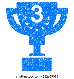Third Prize Cup grainy textured icon for overlay watermark stamps. Flat symbol with dirty texture. Dotted vector blue ink rubber seal stamp with grunge design on a white background.