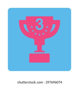 Third prize icon from Award Buttons OverColor Set. Icon style is pink and blue colors, flat rounded square button, white background.