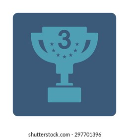 Third prize icon from Award Buttons OverColor Set. Icon style is cyan and blue colors, flat rounded square button, white background.
