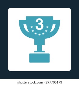Third prize icon from Award Buttons OverColor Set. Icon style is blue and white colors, flat rounded square button, dark blue background.