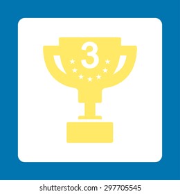 Third prize icon from Award Buttons OverColor Set. Icon style is yellow and white colors, flat rounded square button, blue background.
