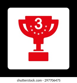 Third prize icon from Award Buttons OverColor Set. Icon style is red and white colors, flat rounded square button, black background.