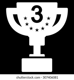 Third prize icon. Vector style is flat symbols, white color, rounded angles, black background.