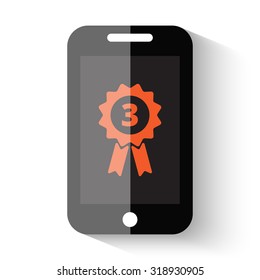 Third  Prize Ribbon app illustration on a flat icon smartphone with shadow on a white background
