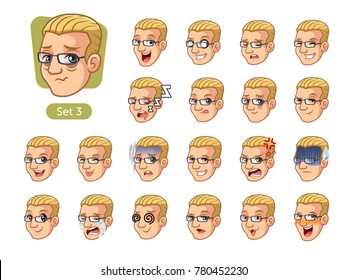 The third set of male facial emotions cartoon character design with blonde hair and different expressions, cry, sleep, pissed of, embarrassed, fear, triumph, confused, fear, etc. vector illustration.
