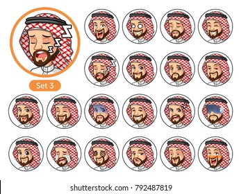 The third set of Saudi Arab man cartoon character avatars with different facial emotions and expressions, cry, sleep, pissed of, embarrassed, fear, triumph, confused, fear, etc. vector illustration