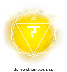 Third, solar plexus chakra - Manipura. Illustration of one of the seven chakras. The symbol of Hinduism, Buddhism. Yellow watercolor fog on background.