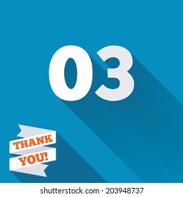 Third step sign. Loading process symbol. Step three. White flat icon with long shadow. Paper ribbon label with Thank you text. Vector