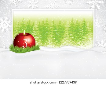 Third sunday in advent concept background.Beautiful holiday design with red candle on snowy background, vector illustration