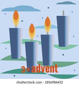 Third Sunday of Advent. Four candles, three lighted candles, snow, clouds, branches of Christmas tree. Vector illustration in flat style. Christmas countdown, for social networks, banners.