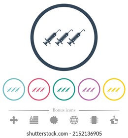 Third vaccine dose flat color icons in round outlines. 6 bonus icons included.