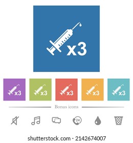 Third vaccine dose flat white icons in square backgrounds. 6 bonus icons included.