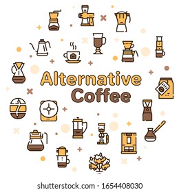 Third wave alternative coffee color icon set. Editable stroke. Coffee makers, brew methods. For modern restaurants and cafes menu. Roasting beans, preparing and brewing.