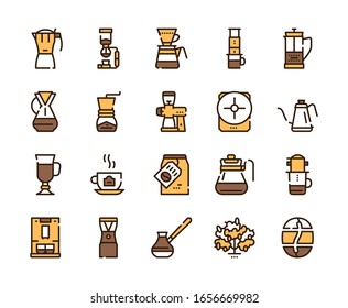 Conjunto de iconos de color de café alternativo de tercera ola. Trazo editable. Cafeteros, métodos de elaboración. Para los restaurantes modernos y el menú de cafés. Judías asadas, preparación y elaboración.