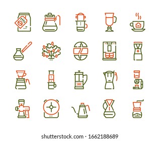 Third wave alternative coffee color icon set. Editable stroke. Coffee makers, brew methods. For modern restaurants and cafes menu. Roasting beans, preparing and brewing.