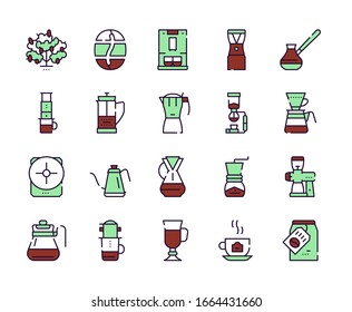 Third wave alternative coffee color icon set. Editable stroke. Coffee makers, brew methods. For modern restaurants and cafes menu. Roasting beans, preparing and brewing.