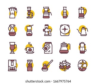 Conjunto de iconos de color de café alternativo de tercera ola. Trazo editable. Cafeteros, métodos de elaboración. Para los restaurantes modernos y el menú de cafés. Judías asadas, preparación y elaboración.