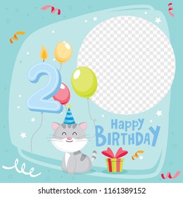 Third year birthday background celebration card design blue with sweety kitty and balloons and place for photo