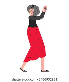 Third-aged woman have fun in dance class. Pensioner living active. Nice old female personage dancing flamenco with palm clap gesture. Elegant elderly character hand drawn flat vector illustration