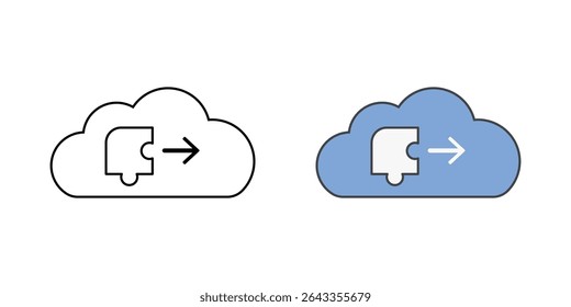 Ícone de integração de aplicativo de terceiros com uma peça de quebra-cabeça, nuvem e seta, em estilos de estrutura de tópicos e cores, ideal para ilustrar integrações de software baseadas em nuvem e ecossistemas SaaS conectados.