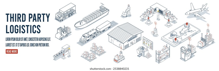 La logística de terceros (3PL) integra robots autónomos y tecnología de automatización para administrar el concepto de almacenamiento y operaciones de la cadena de suministro para empresas. Ilustración vectorial eps10