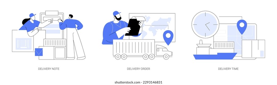 Third-party logistics abstract concept vector illustration set. Delivery note, order shipping, transportation time, clearance of goods, export business, international foreign trade abstract metaphor.