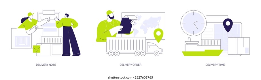 Third-party logistics abstract concept vector illustration set. Delivery note, order shipping, transportation time, clearance of goods, export business, international foreign trade abstract metaphor.