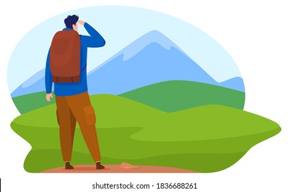 Thirism, active lifestyle. A man on top of a mountain looks at the horizon at the valleys and mountains. Cartoon style, vector illustration