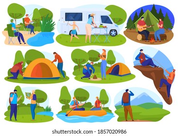 Thirism, active lifestyle. Men and women go camping, put up tents, light fires, rafting on the river, climbing mountains, fishing, orienteering. Cartoon style, vector illustration
