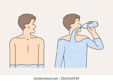 Thirst and exhaustion torment man drinking mineral water from bottle after long run in park. Importance of dehydration and filling body with fluid to avoid thirst and dehydration that destroys health