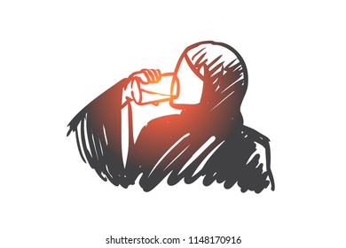 Thirst, fresh, beverage, muslim, arabic, concept. Hand drawn muslim person drink water concept sketch. Isolated vector illustration