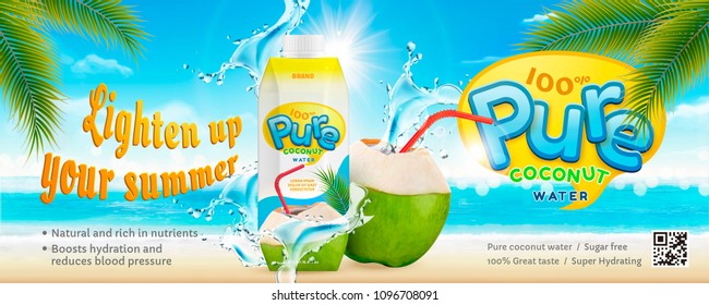 Thirst quenching coconut water with splashing drink on bokeh beach background in 3d illustration