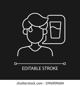 Thirst white linear icon for dark theme. Dehydration symptom during heat wave. Sign of heatstroke. Thin line customizable illustration. Isolated vector contour symbol for night mode. Editable stroke