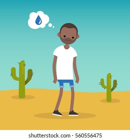 Hombre negro sediento soñando con agua / ilustración plana editable vectorial, imagen prediseñada