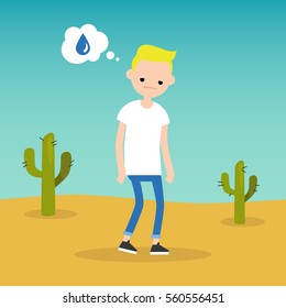 Thirsty blond boy dreaming about water / flat editable vector illustration, clip art