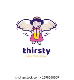 Thirsty for bubble tea logo, Sweet angel icon holding a drink cup