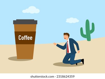 Thirsty businessman need drinking coffee in flat design.