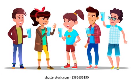 Thirsty Characters Children Drink Water Vector. Smiling Teenagers Holding Glasses With Freshness Beverage And Healthy Liquid Enjoying And Quench Thirsty. Design Flat Cartoon Illustration