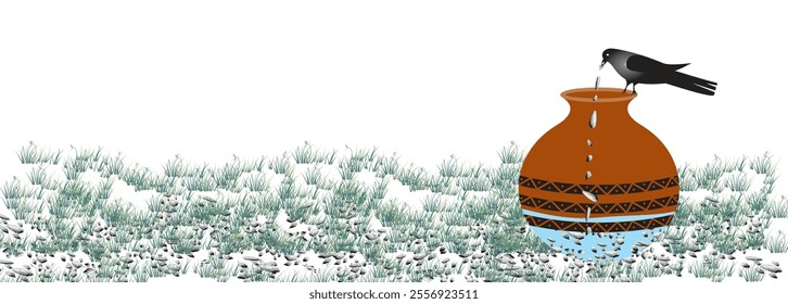 Thirsty crow. Tale of smart black crow and jug of water. Clever bird throws stones into jug to drink cartoon vector story illustration of crow and water graphic. vector illustration.