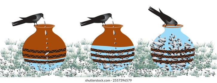 Thirsty crow. Tale of smart black crow and jug of water. Clever bird throws stones into jug to drink cartoon vector story illustration of crow and water. vector illustration.