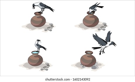 The thirsty crow throws stones at the clay pot and fly away - illustration