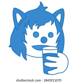 thirsty curly emoticon holding a glass of water he's going to drink, simplistic facial expression vector illustration, wolf cartoon character, simple hand drawn line icon from a set