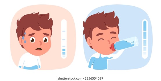 Thirsty and drinking water boy. Worried dehydrated kid suffering and child holding water bottle comparison, thirst scale. Aqua liquid, beverage, hydration concept flat vector person illustration