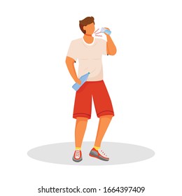 Thirsty flat color vector faceless character. Man with diabetes. Athlete drinks water. Symptom of disease. Person after workout with bottle. Dehydration isolated cartoon illustration