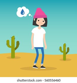 Thirsty girl dreaming about water / flat editable vector illustration, clip art