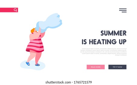 Thirsty Girl Drink Pure Aqua Landing Page Template. Woman Character Drinking Pure Water from Bottle Refreshing herself in Hot Summer Weather with High Temperature. Cartoon Vector Illustration