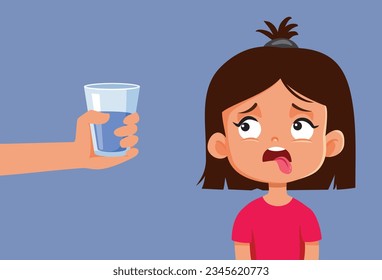 
Niña sedienta recibe un vaso de vectores de agua ilustración
Hija deshidratada cansada que recibe bebida refrescante 
