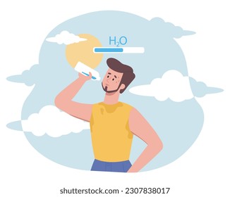 El concepto de tipo sediento. Hombre con botella de agua se pone de pie bajo el sol y suda. Deportista en clima caluroso, atleta. El carácter en el clima cálido necesita agua. Dibujo vectorial plano de dibujos animados