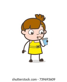 Thirsty Kid Drinking Cold Drink - Cute Cartoon Girl Vector
